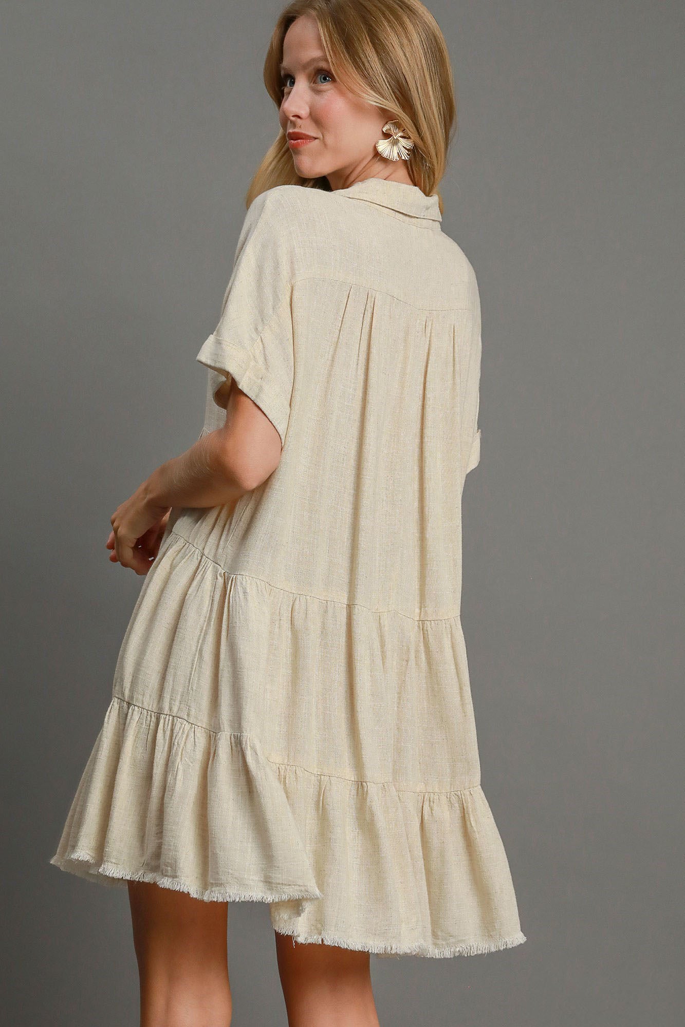 Umgee Full Size Raw Hem Folded Sleeve Tiered Dress Plus Size