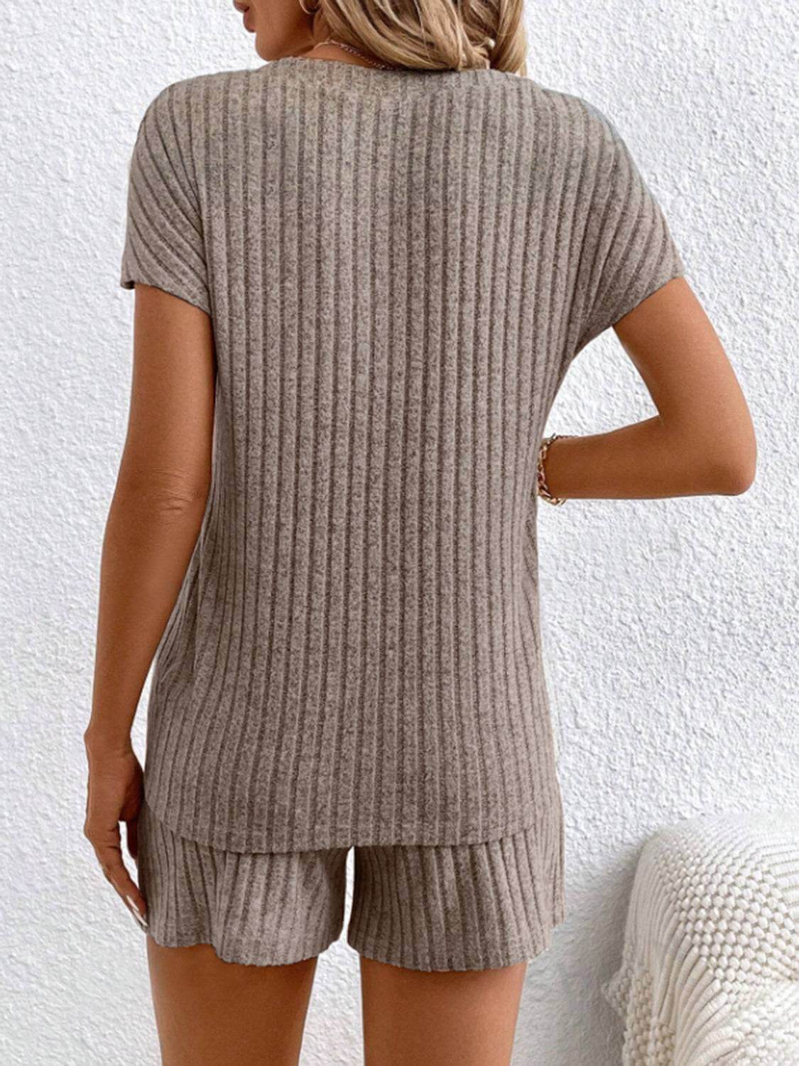 Ribbed V-Neck Top and Shorts Set - Clothes For Her Online Store