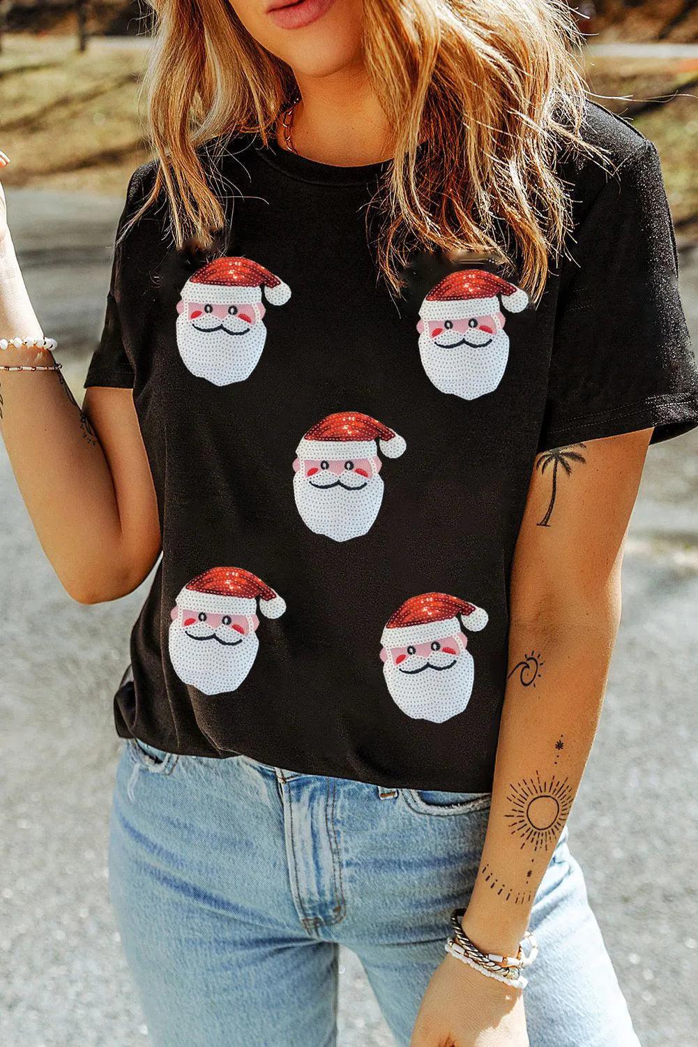 Sequin Santa Round Neck Short Sleeve T-Shirt