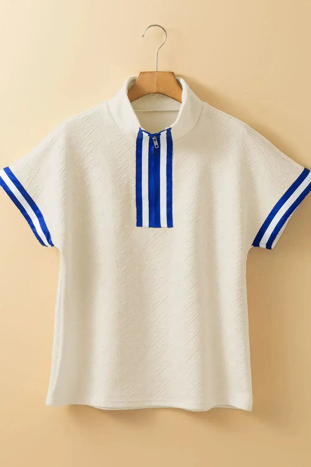 Striped Trim Textured Quarter Zipper Short Sleeve Top - Clothes For Her Online Store