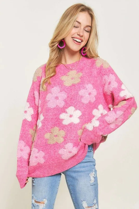 ADORA Full Size Floral Popped 2-Tone Sweater Top Plus Size