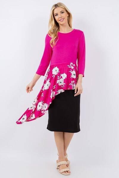 Celeste Full Size Floral Asymmetrical Hemline Round Neck Top Plus Size