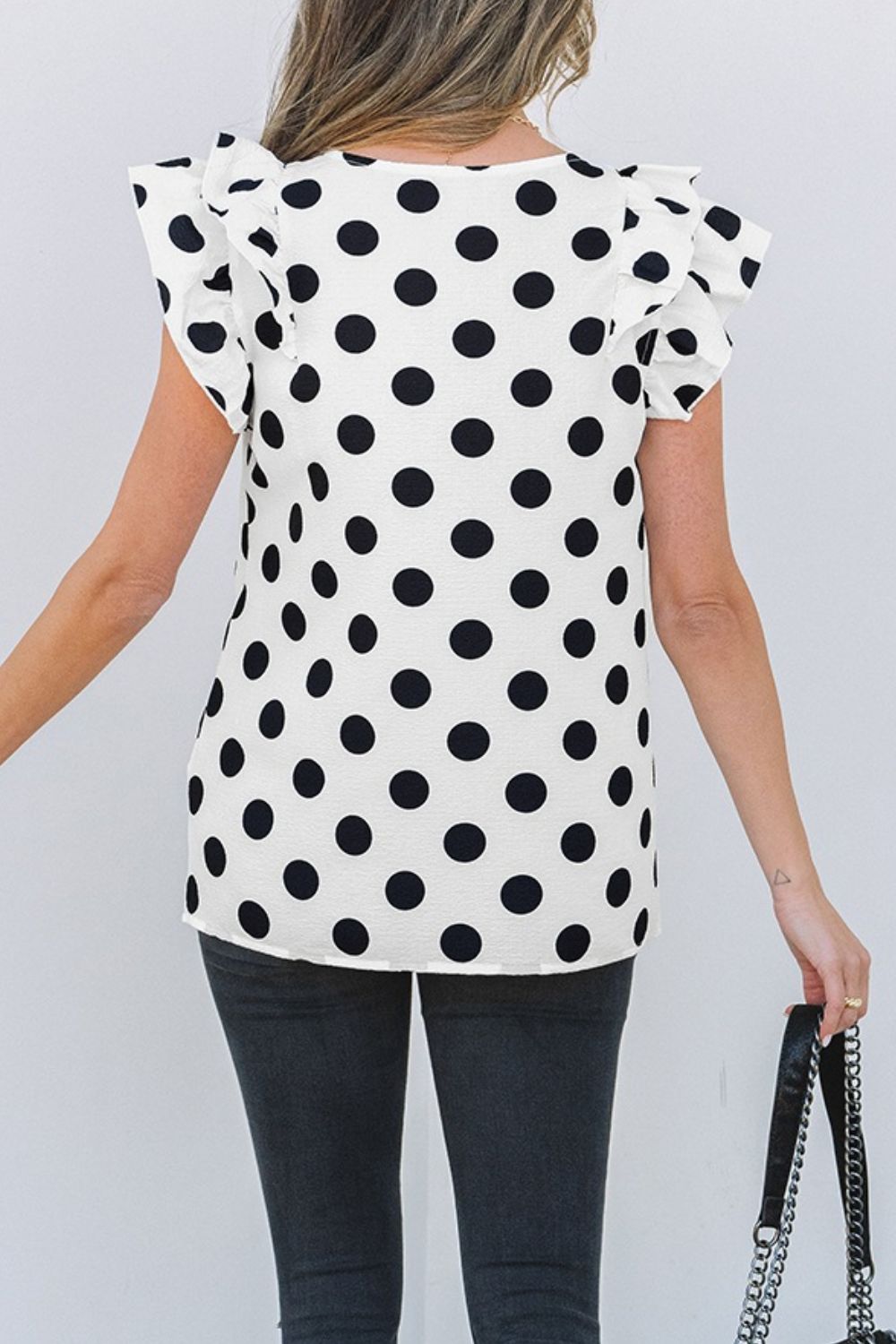 Polka Dot Ruffled Cap Sleeve V Neck Blouse