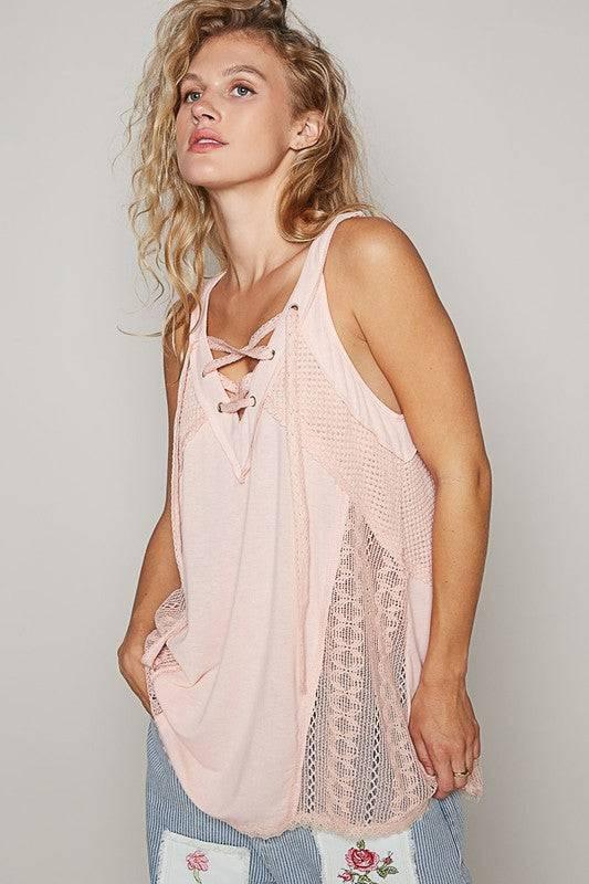 POL Lace Up Crochet Lace Tank