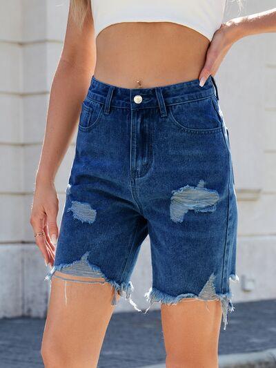 Distressed Raw Hem Denim Shorts