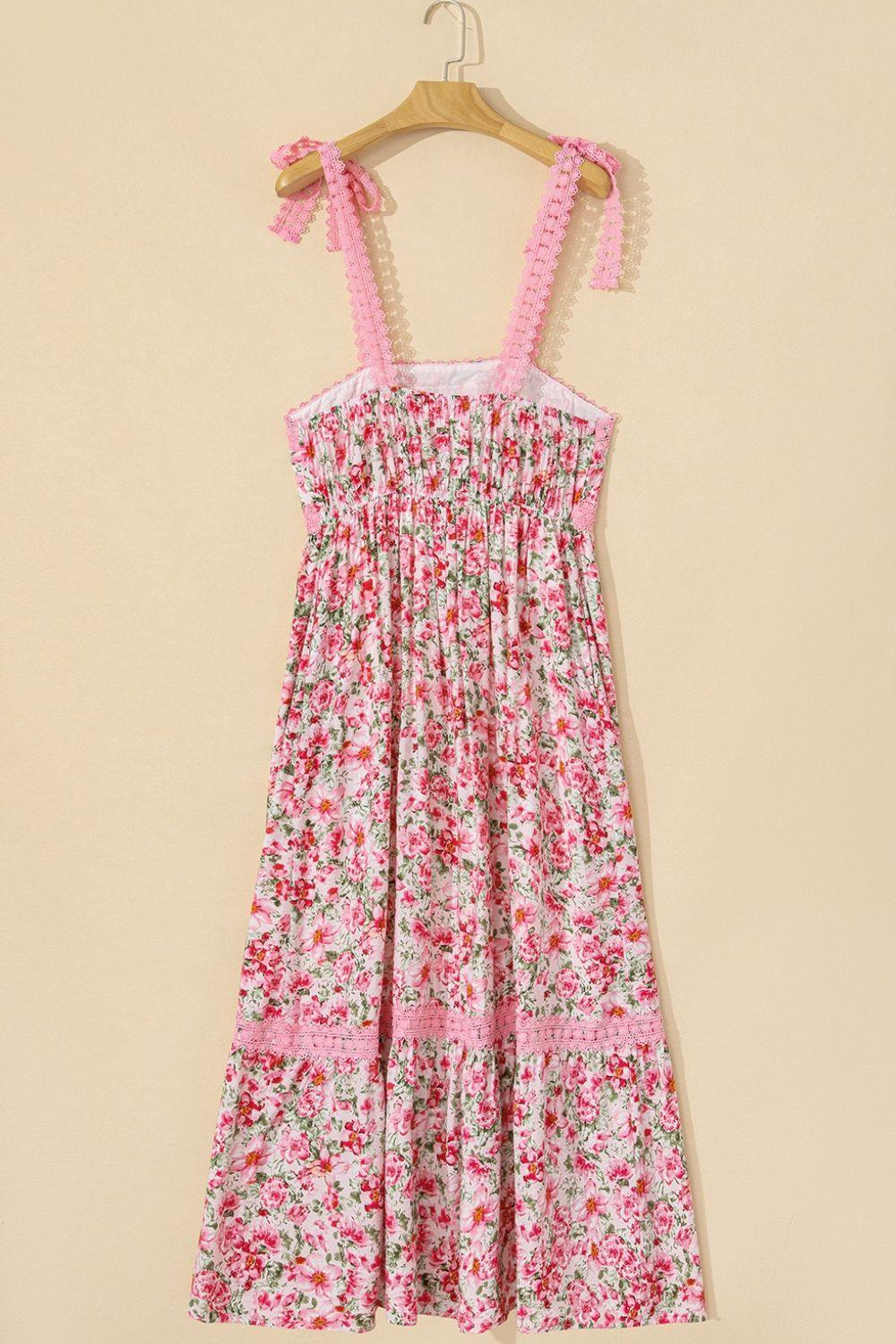 Floral Lace Tied Strap Square Neck Dress with Pockets