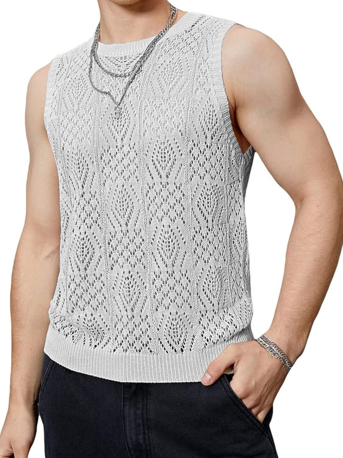 Men's Openwork Round Neck Tank - Clothes For Her Online Store