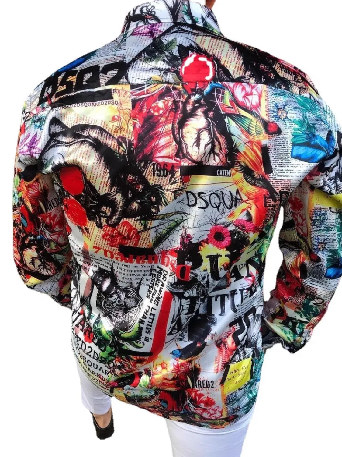 Men's Full Size Printed Collared Neck Long Sleeve Shirt Plus Size