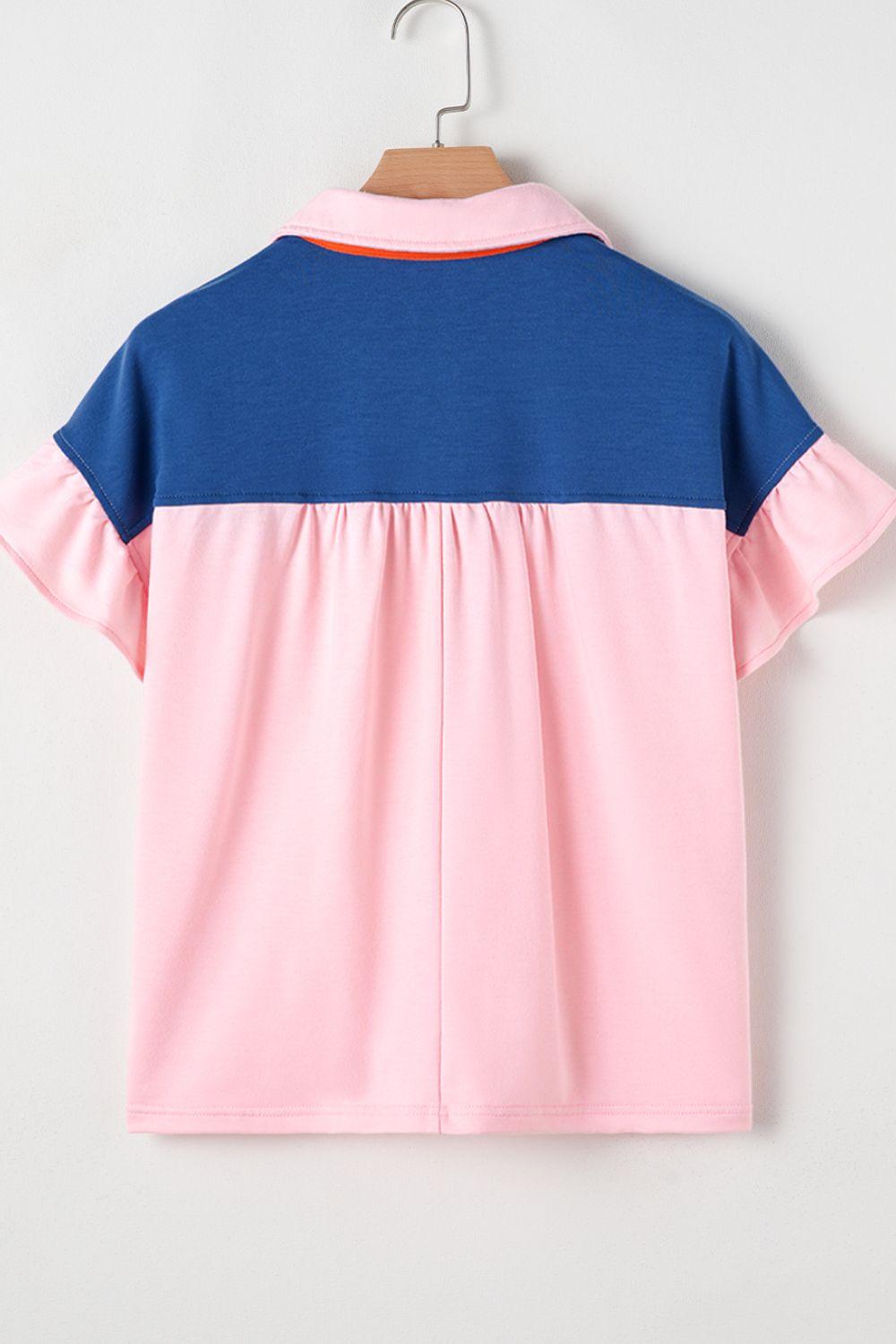 Color Block Half Buttoned Ruffled Short Sleeve T Shirt