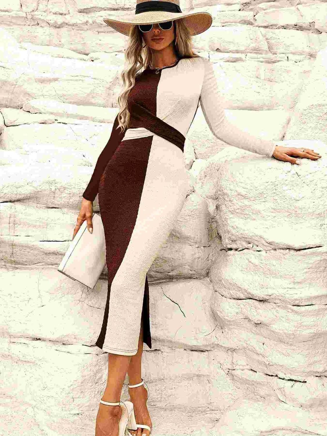 Two Tone Slit Round Neck Long Sleeve Midi Dress - Clothes For Her Online Store