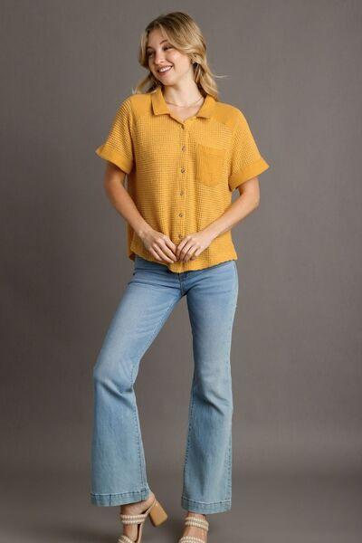 Umgee Full Size Waffle-Knit Short Sleeve Button Down Shirt Plus Size - Clothes For Her Online Store