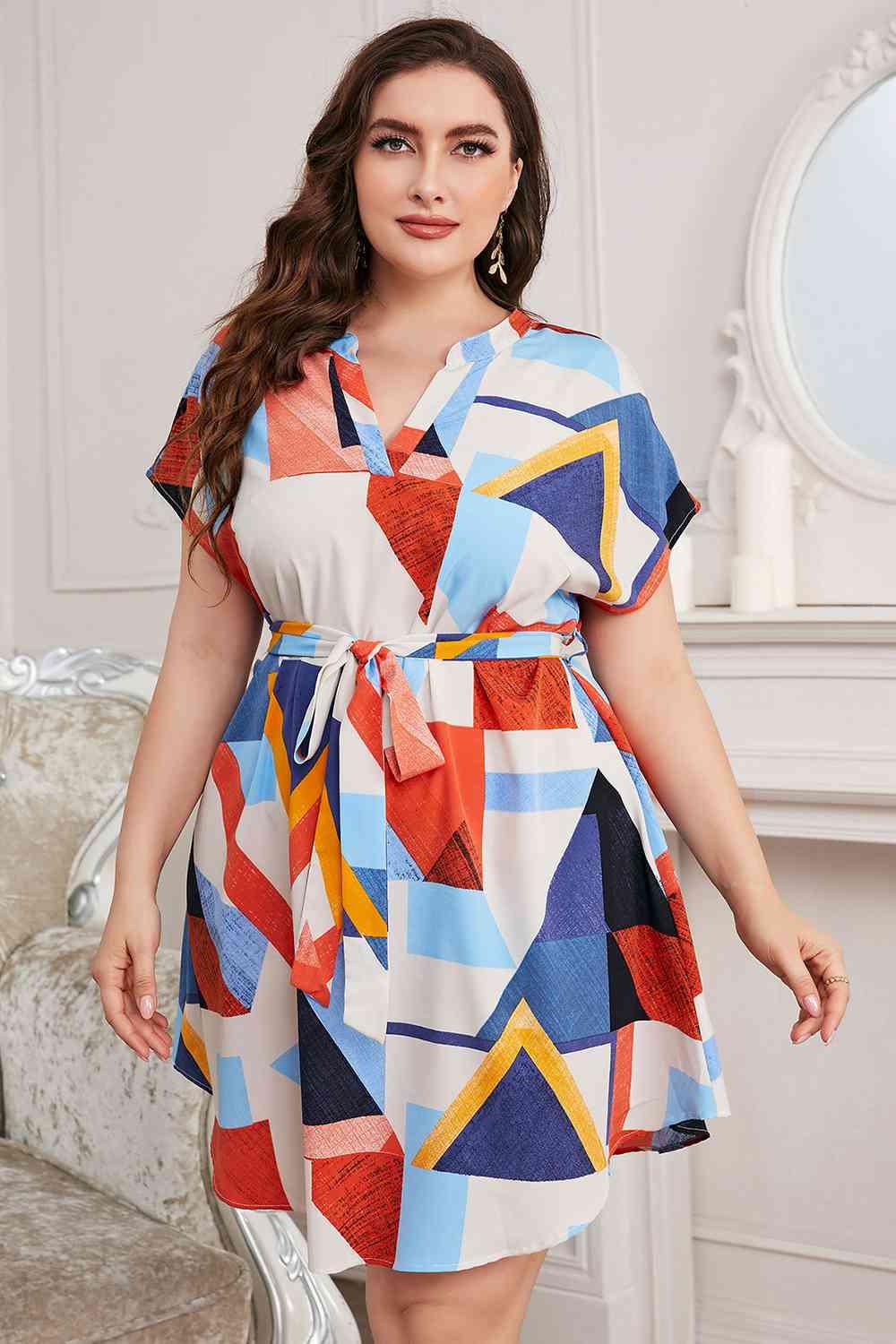 Honey Plus Size Notched Neck Tie Waist Dress