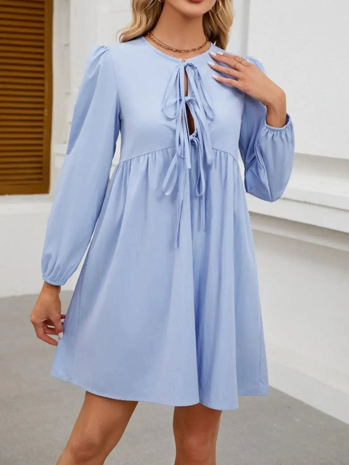 Tie Front Long Sleeve Mini Dress - Clothes For Her Online Store