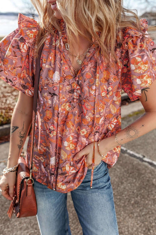 Floral Ruffled Layered Short Sleeve Tie Neck Blouse