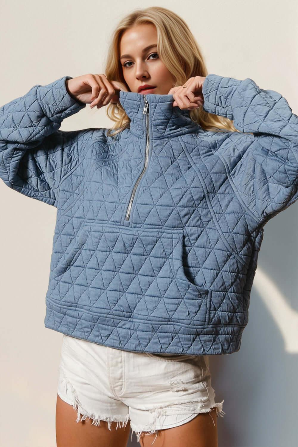 Double Take Half Zip Long Sleeve Quilted Sweatshirt with Pocket - Clothes For Her Online Store