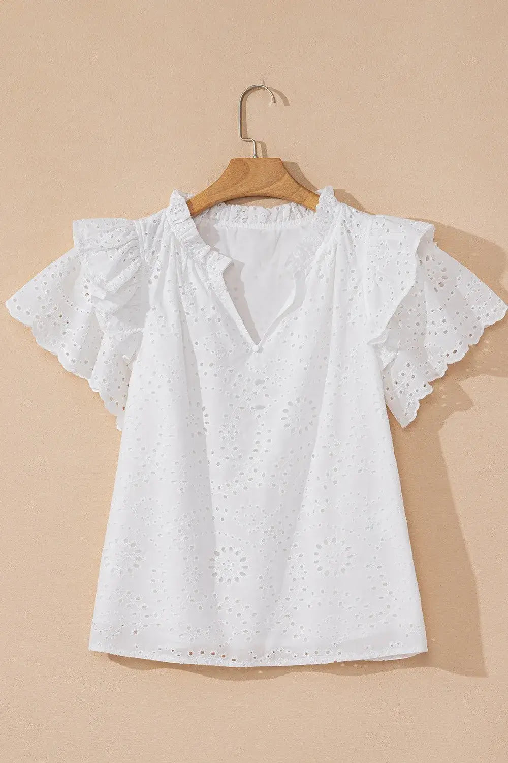 Eyelet Notched Short Sleeve Blouse