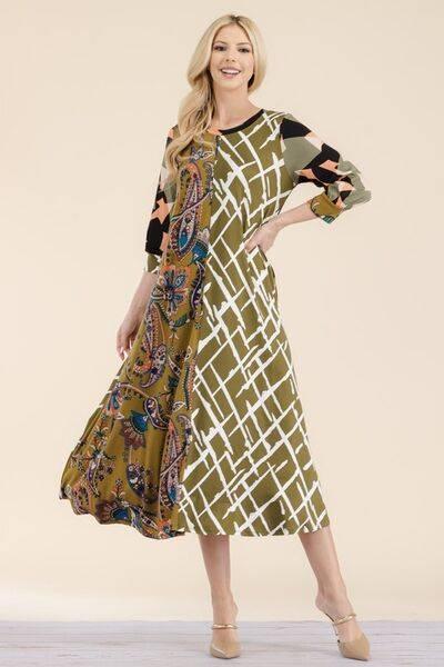 Celeste Full Size Paisley Contrast Tent Midi Dress Plus Size