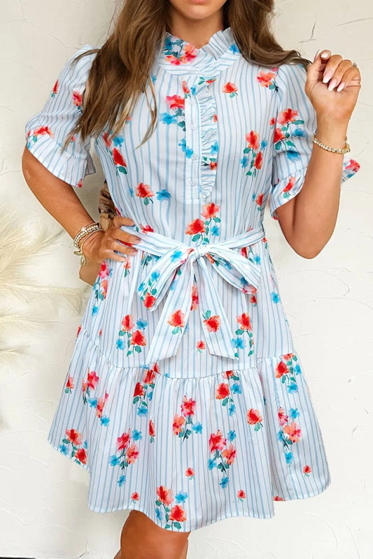 Stripe Floral Pattern Ruffle Short Sleeve Belted Mini Dress