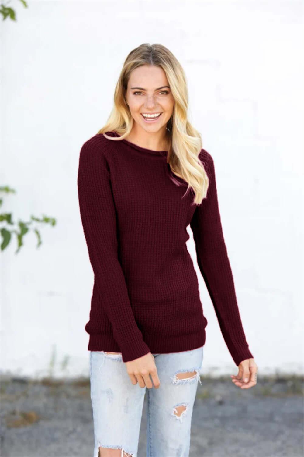 Round Neck Raglan Sleeve Sweater - Clothes For Her Online Store