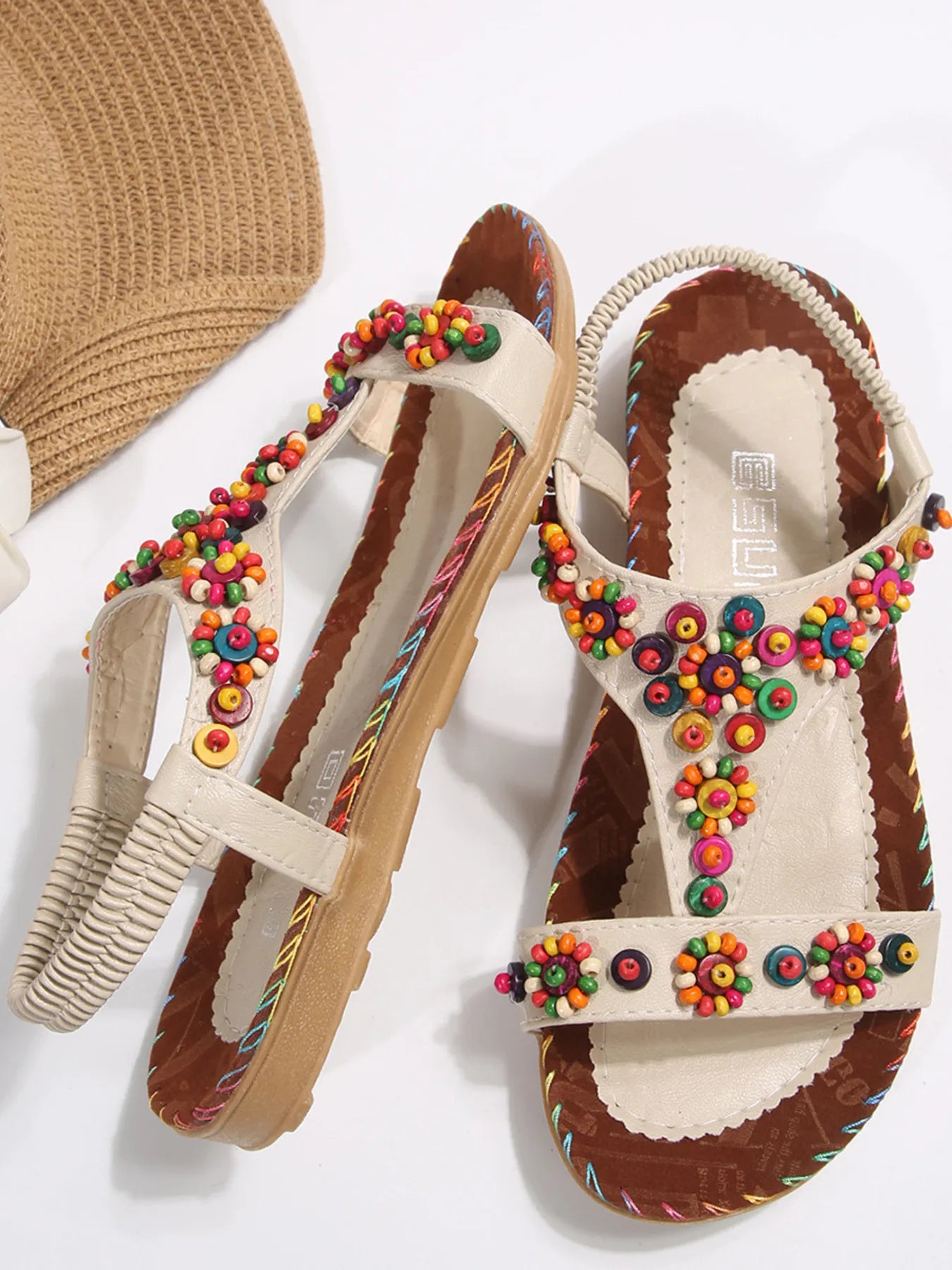 Beaded T-Strap Flat Sandals