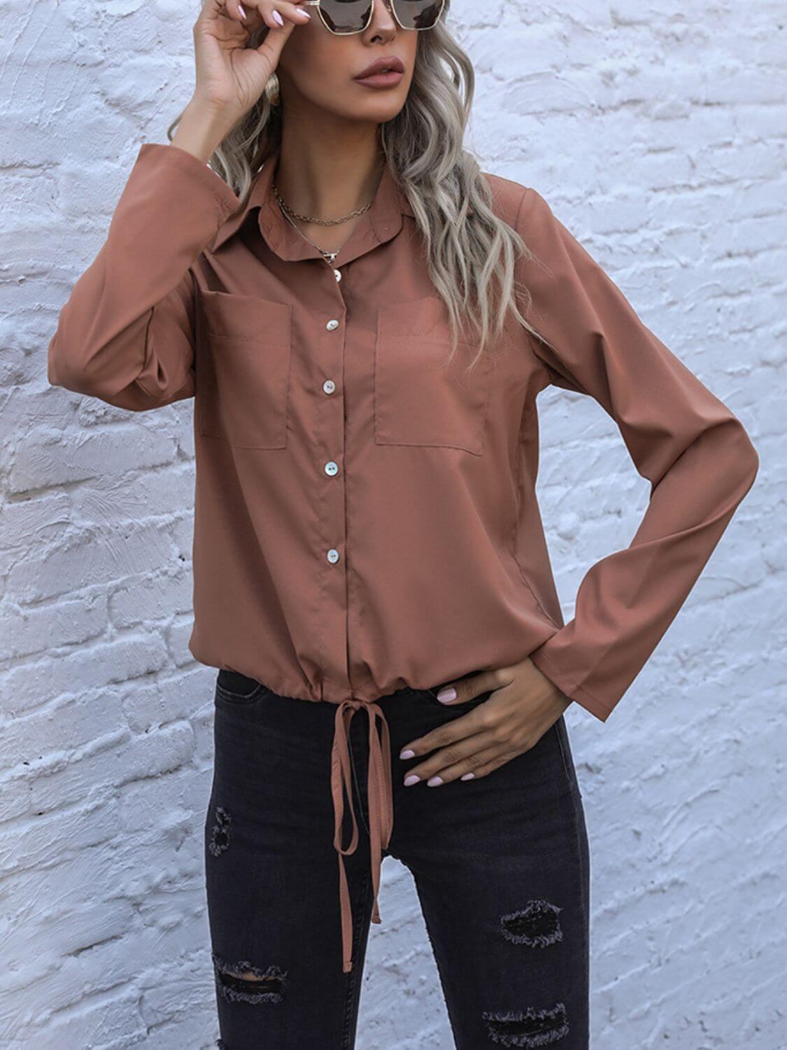 Perfee Tied Hem Button Down Long Sleeve Shirt