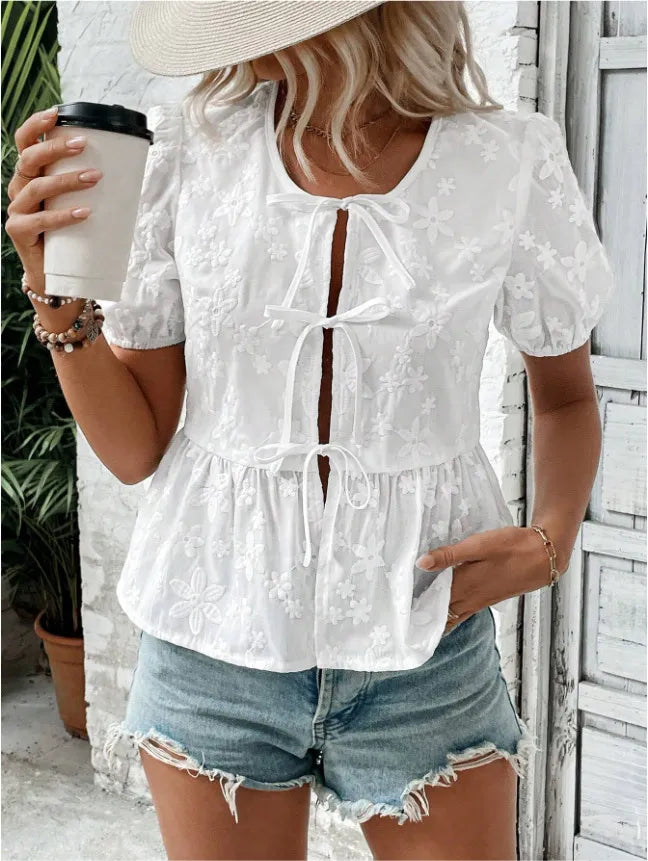 Puff Sleeve Tie Front Lace Peplum Blouse