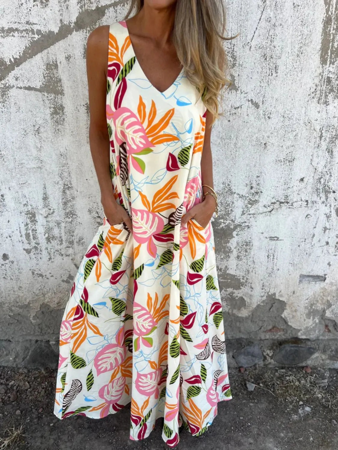 Full Size Printed V-Neck Sleeveless Dress Plus Size
