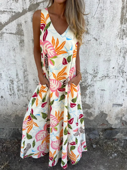 Full Size Printed V-Neck Sleeveless Dress Plus Size
