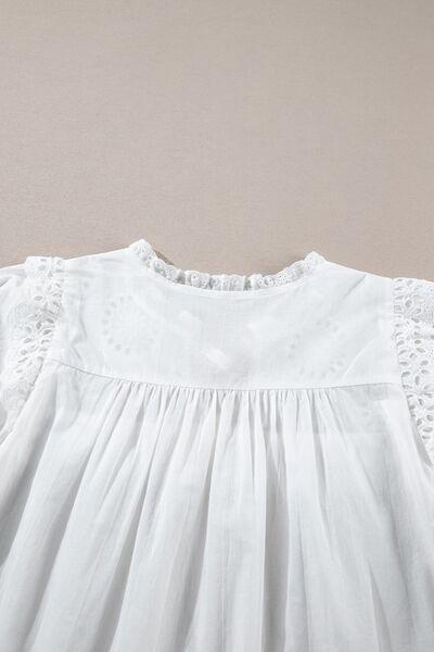 Lace Patchwork Tie Neck Short Sleeve Blouse