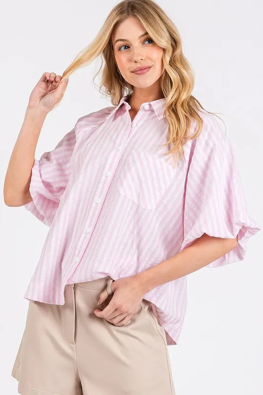 Mittoshop Button Down Striped Puff Sleeve Shirt