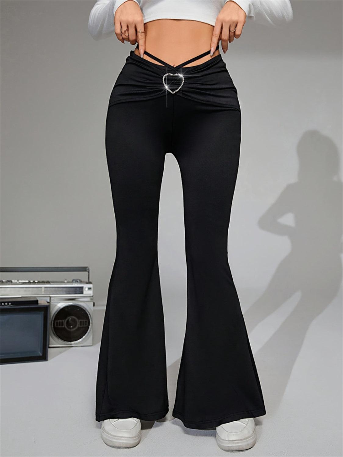 Tie-Back Flare Pants with Heart Buckle