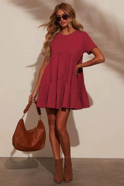 Tiered Round Neck Short Sleeve Mini Dress - Clothes For Her Online Store