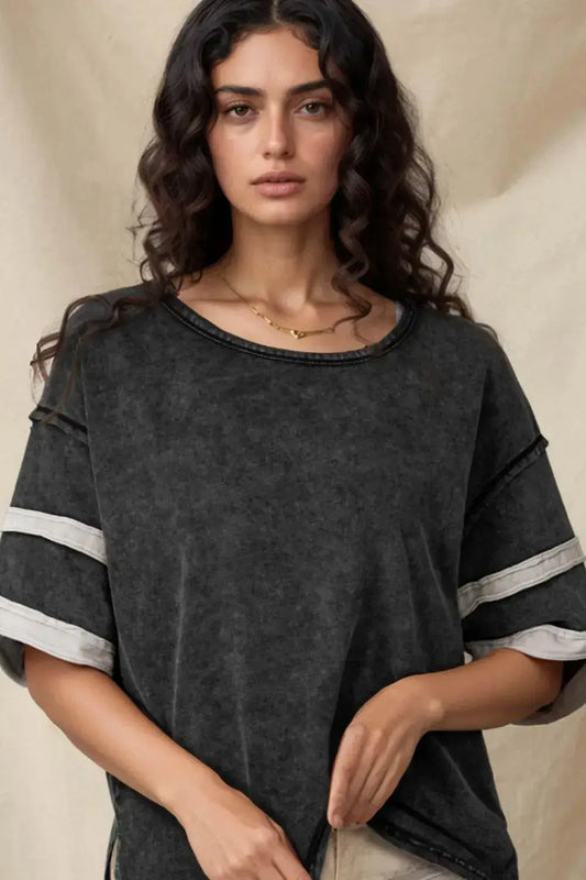 Contrast Round Neck Half Sleeve T-Shirt - Clothes For Her Online Store