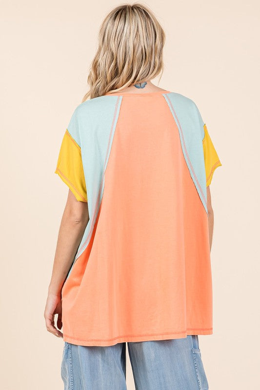 Mittoshop Color Block V-Neck Short Sleeve T-Shirt - Clothes For Her Online Store