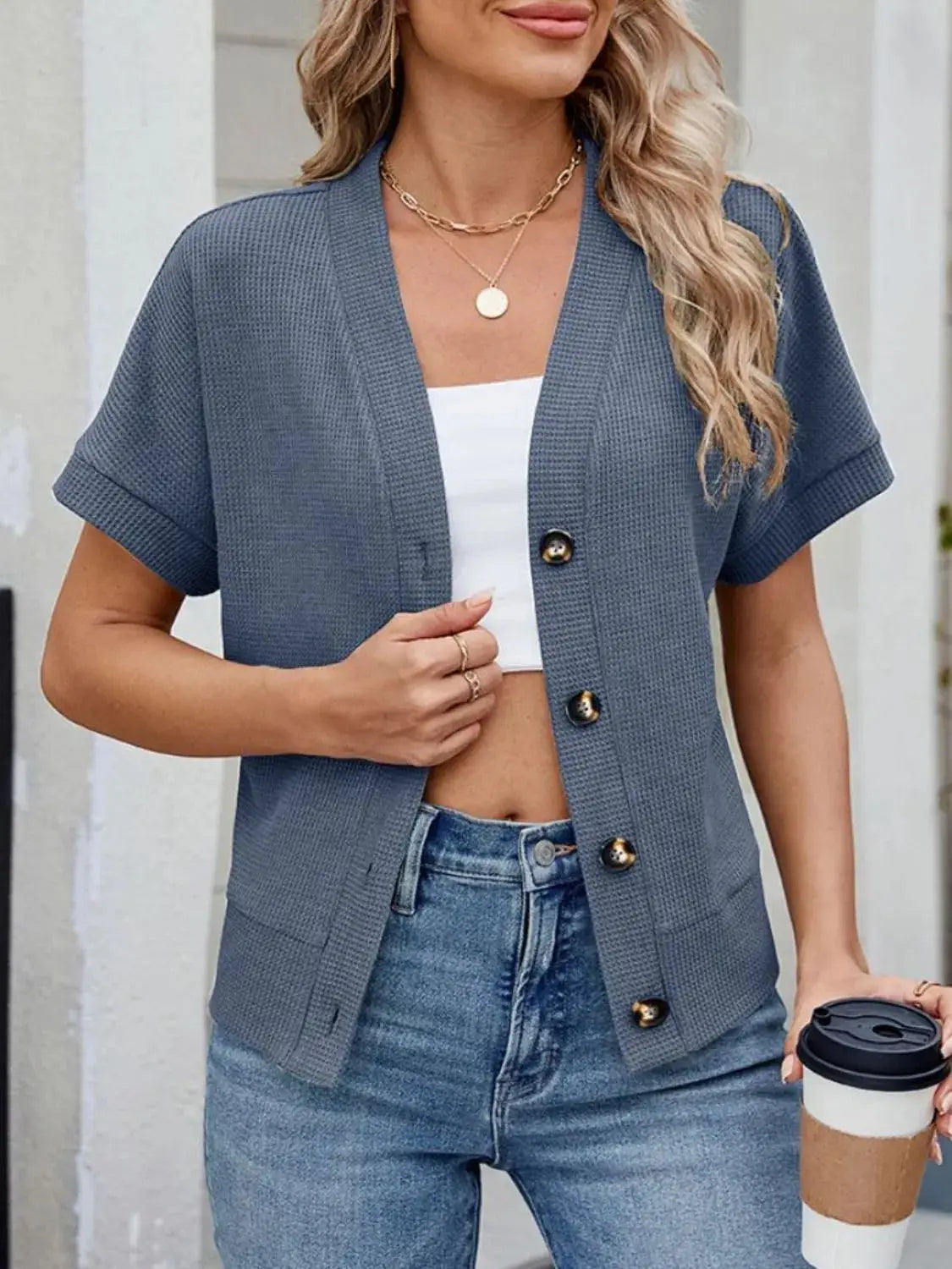 Waffle Knit Button Down Short Sleeve Top - Clothes For Her Online Store