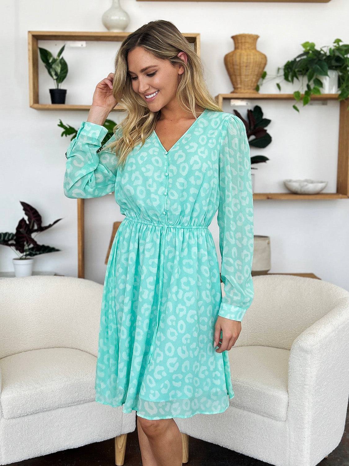 Double Take Full Size Printed Ruched V-Neck Long Sleeve Dress - Clothes For Her Online Store