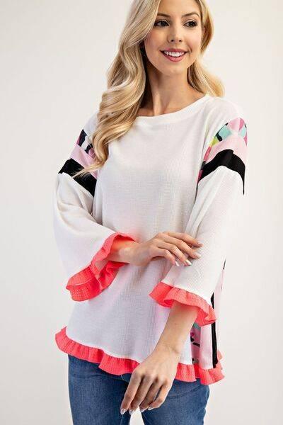 Celeste Full Size Ruffle Sleeve Color Block Top Plus Size