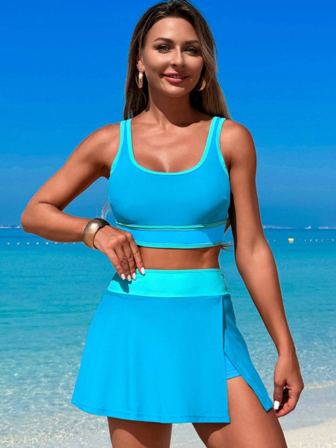 Scoop Neck Top and Skort Swim Set - Clothes For Her Online Store