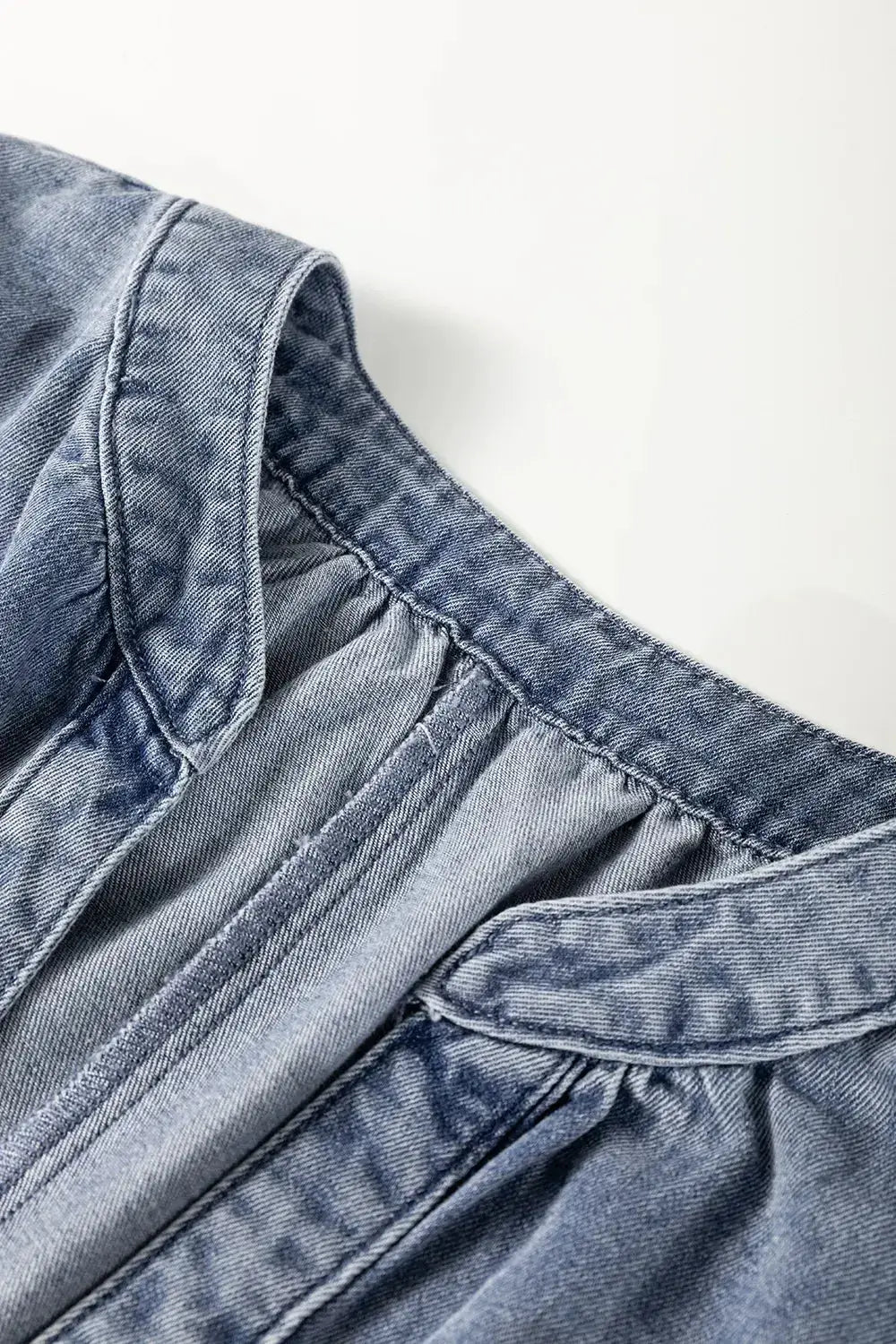 V Neck Ruffled Short Puff Sleeve Denim Top - Clothes For Her Online Store