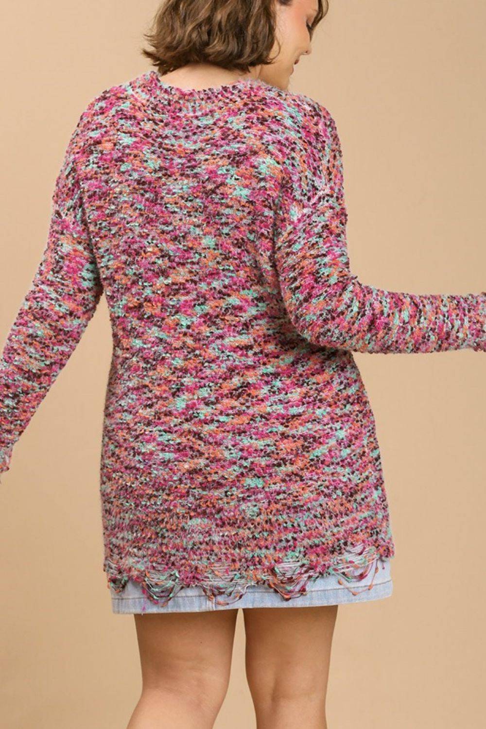 Umgee Full Size Distressed Hem Multicolored Round Neck Knit Tunic Dress Plus Size - Clothes For Her Online Store