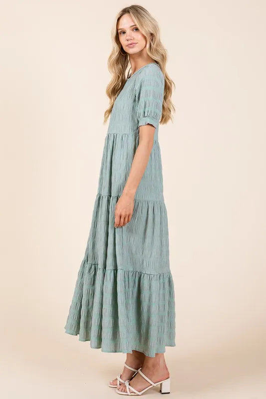 BOMBOM Textured Short Sleeve Tiered Dress