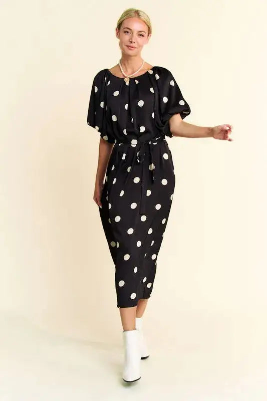 Davi & Dani Polka Dot Puff Sleeves Waist Tie Midi Dress - Clothes For Her Online Store