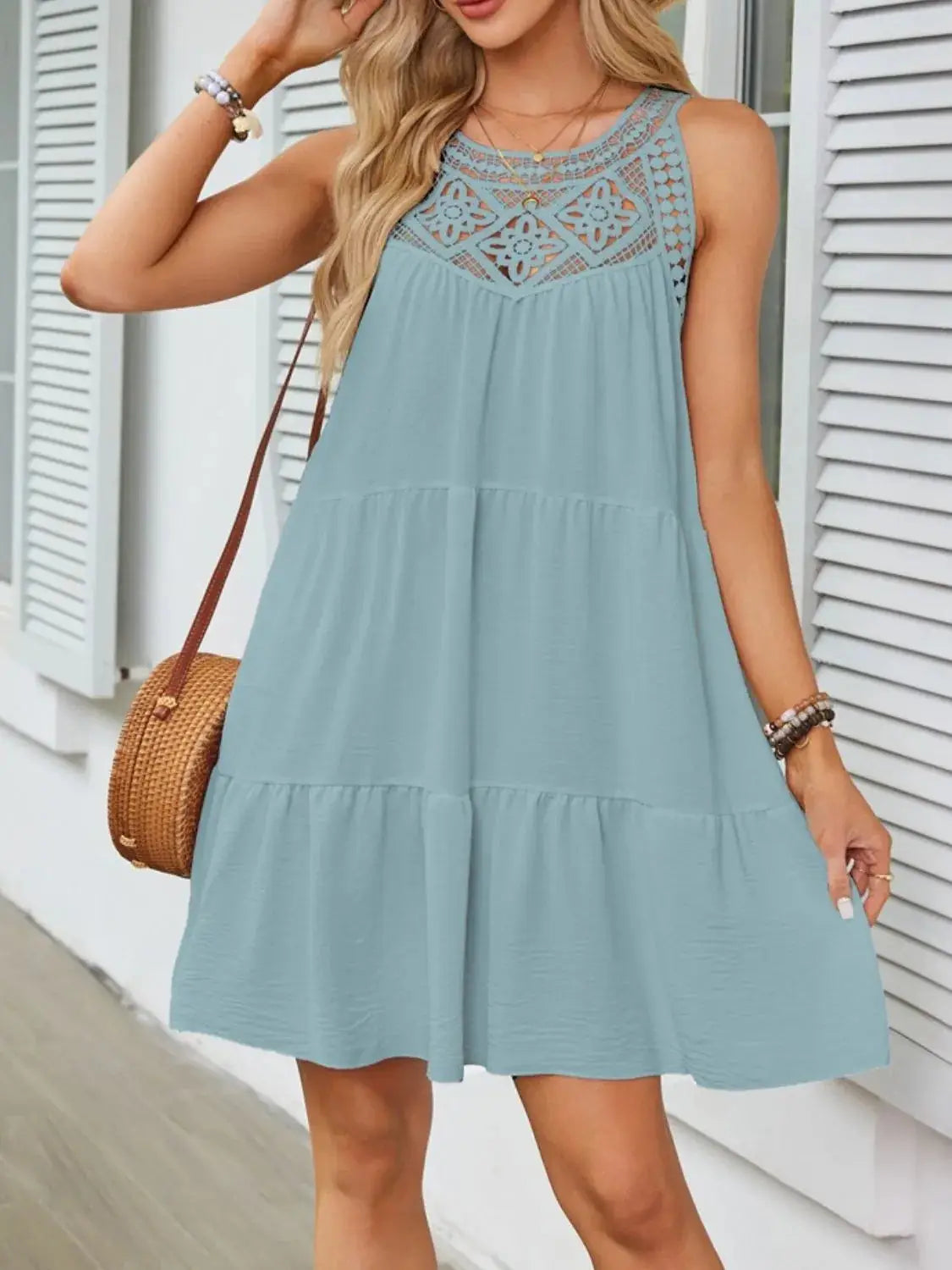 Ruffled Hem Lace Sleeveless Dress - Clothes For Her Online Store
