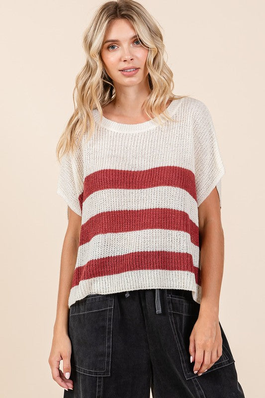 Mittoshop Contrast Striped Round Neck Short Sleeve Sweater - Clothes For Her Online Store