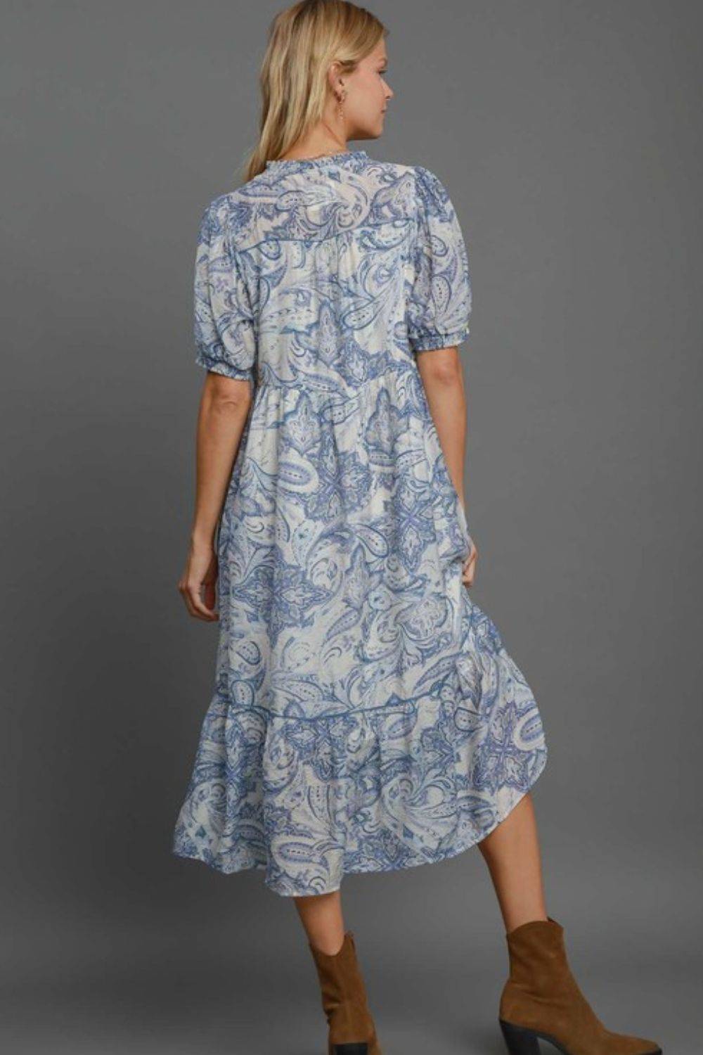 Umgee Full Size Printed Puff Short Sleeve Midi Dress Plus Size - Clothes For Her Online Store