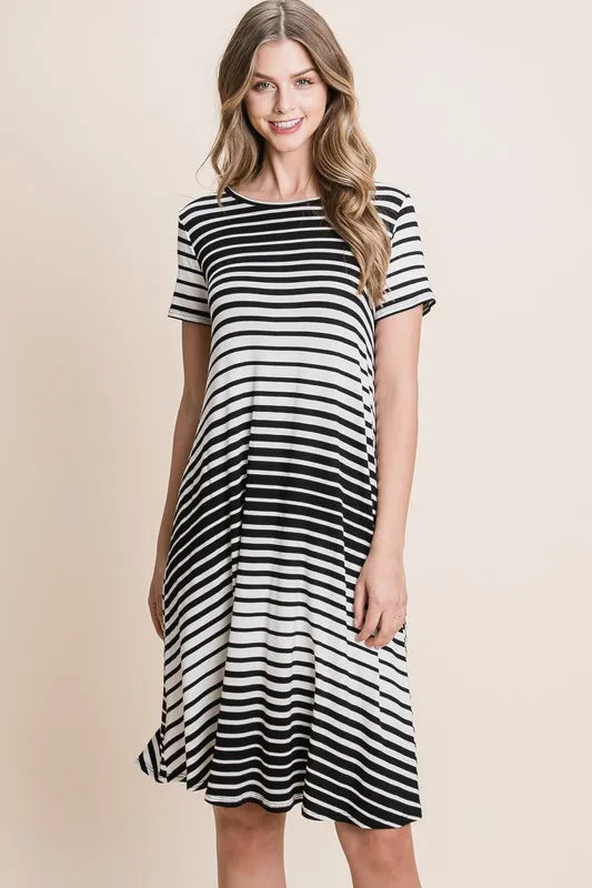 BOMBOM Casual Stripe Round Neck Tee Dress