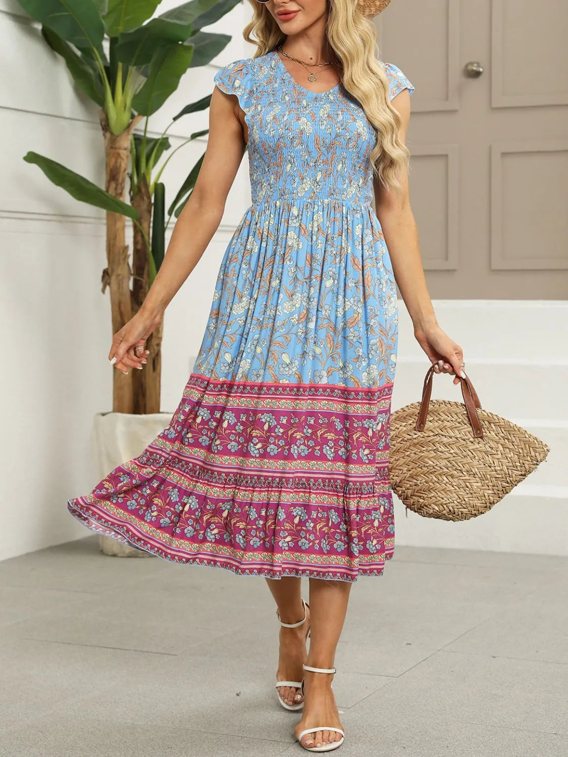 Printed Round Neck Cap Sleeve Dress