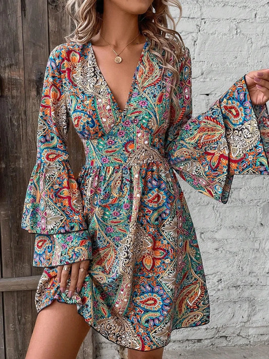 Printed V-Neck Flounce Sleeve Dress