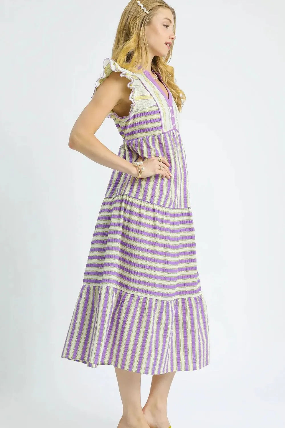 Umgee Striped Ruffle Cap Sleeve Midi Dress