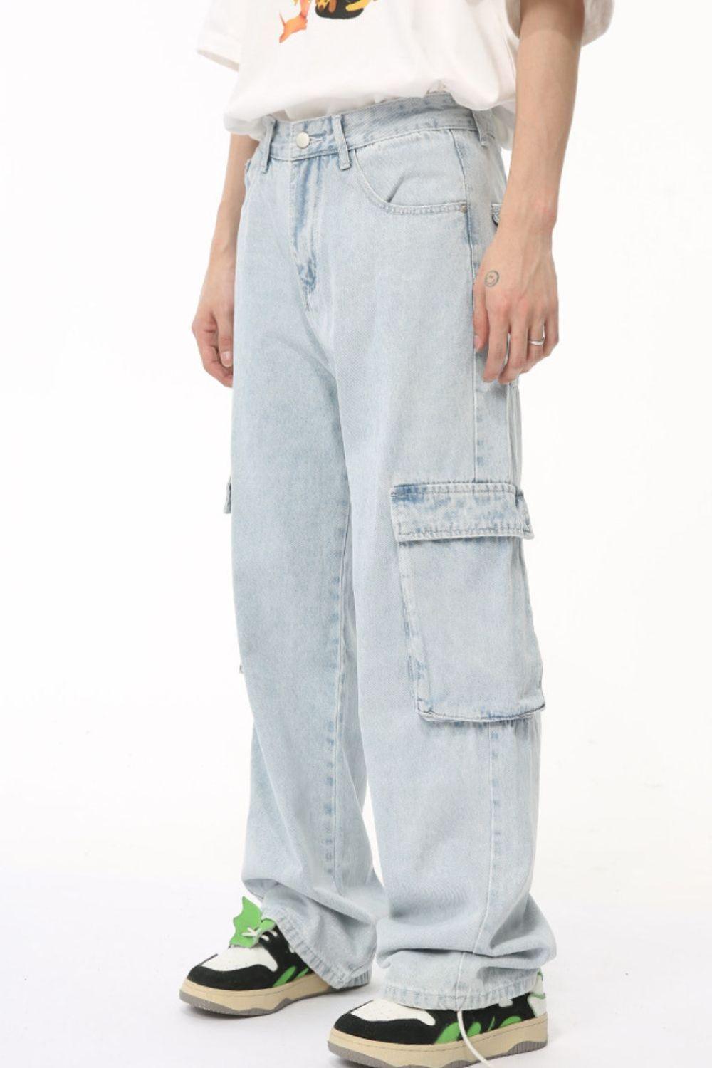 Men's Washed Straight Cargo Jeans - Clothes For Her Online Store